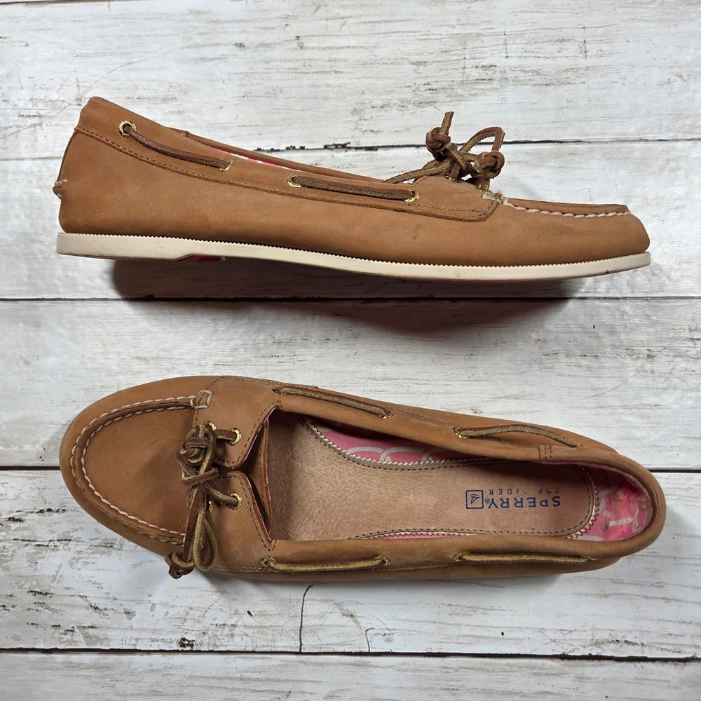 Sperry Top-Sider Boat Shoe Loafer Women 9.5 M Tan Leather Pink Lining 9862707